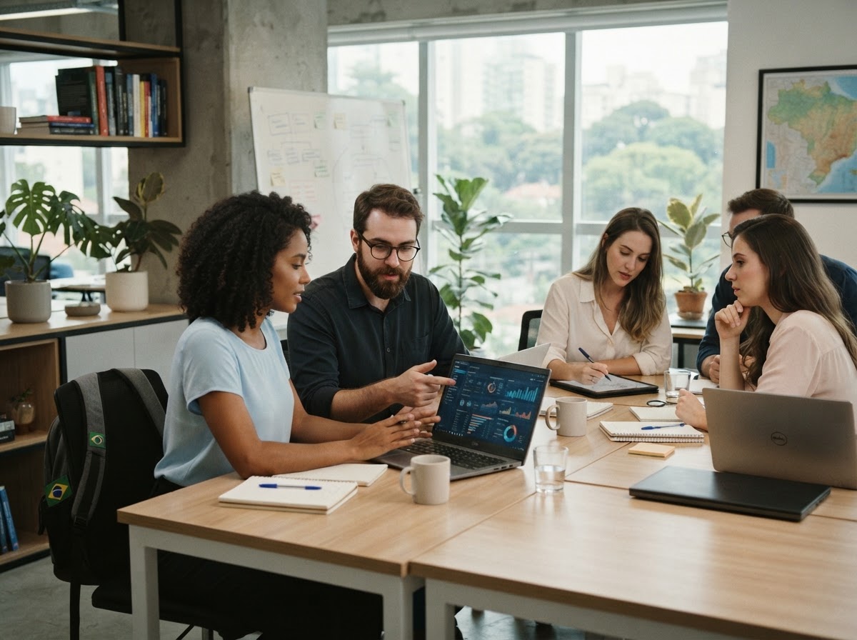 Amplio Creditian analysts reviewing risk model performance in a structured office environment